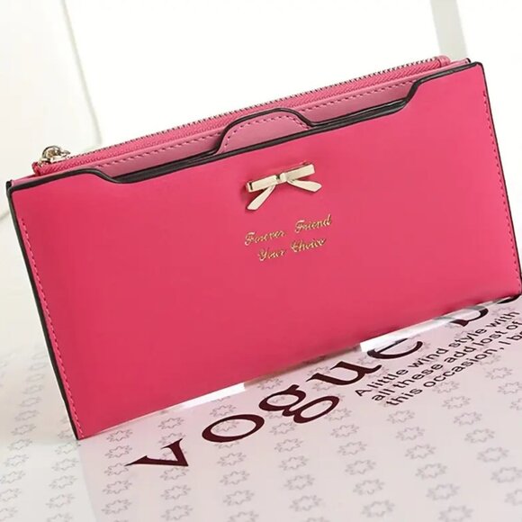 Cute Bowknot PU Leather Wallet – Rose Pink | Long Zipper Clutch with Card Holder - Picture 1 of 9